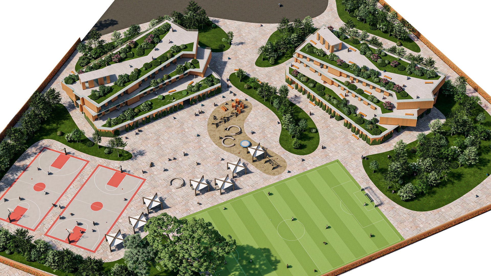 Isometric render view of a school with a large playground