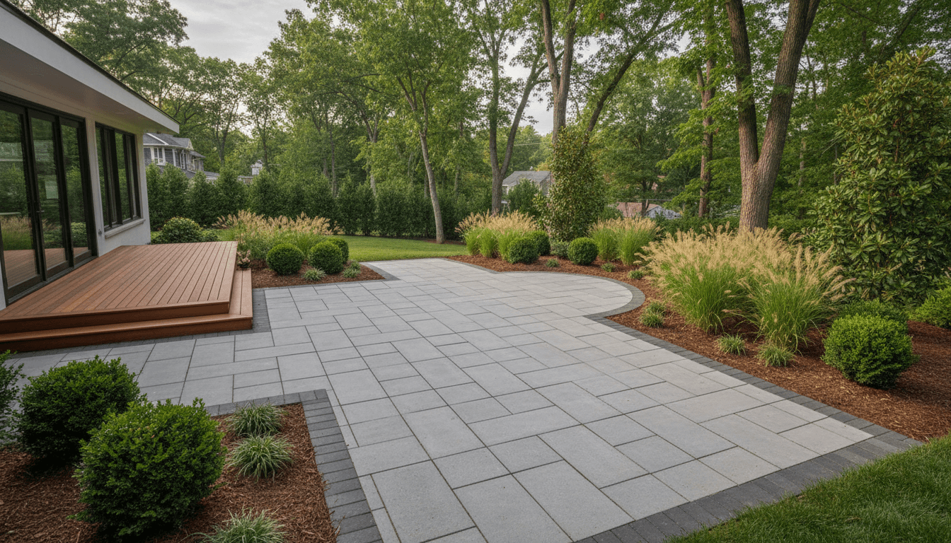 Newly installed stone patio and landscaped residential backyard with mature trees, shrubs, and professionally designed planting beds Newly installed stone patio and landscaped residential backyard with mature trees, shrubs, and professionally designed planting beds